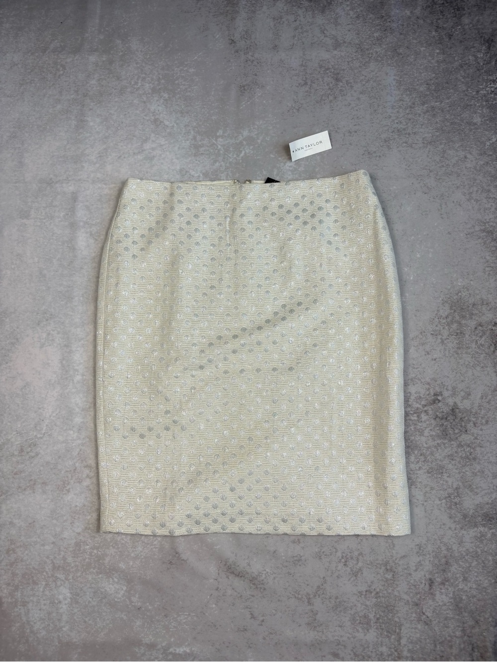 NWT Ann Taylor Factory Ivory Silver Metallic Jacquard Pencil Skirt Size 10
